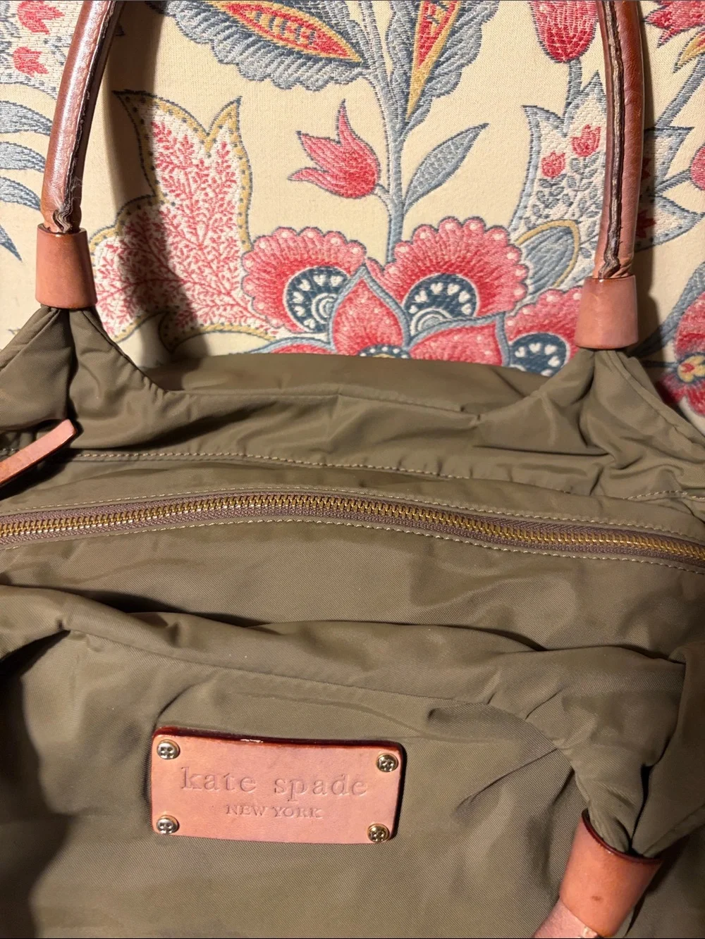 kate spade Olive Green Nylon Shoulder Bag with Tan Leather Trim